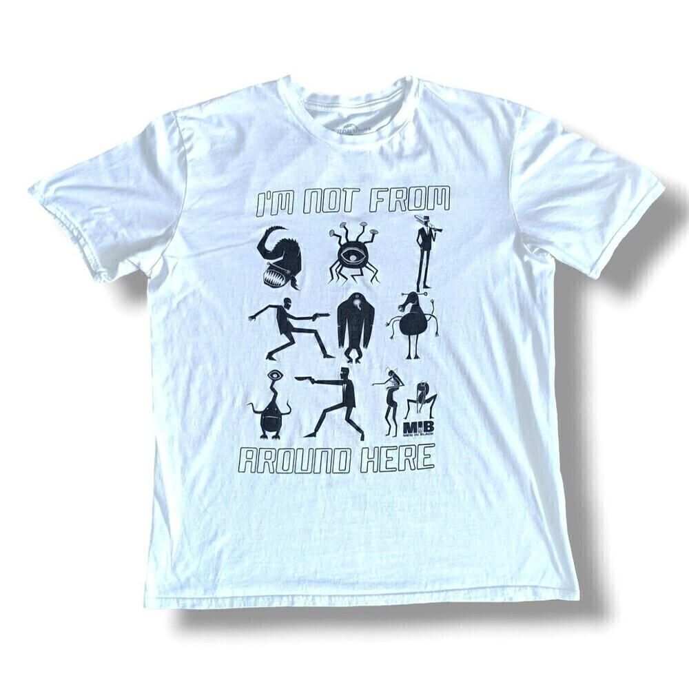 🔴 Men In Black Shirt Men Large White Short Sleeve Graphic Tee Universal Studio